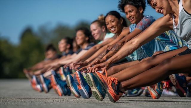 Diverse running team stretching before run showcasing colorful sneakers and teamwork