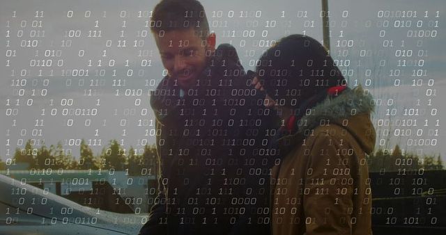 Couple Embracing by Car Overlooking Winter Forest