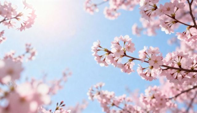 Soft pink cherry blossoms blooming under bright blue sky with warm sun flare