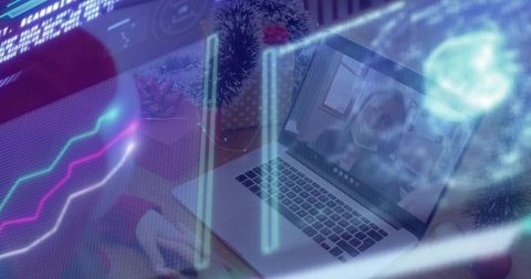 Mother guiding teen on laptop video call with neon data overlays for remote mentorship