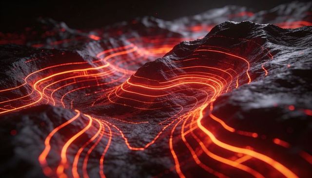 Neon orange topographic ridges tracing futuristic digital valley with luminous contour lines