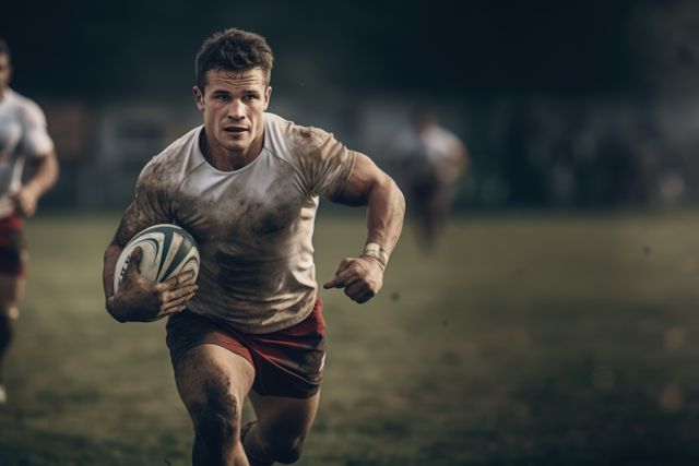 Sports stadium with rugby field and caucasian male player, created using generative ai technology. Rugby, sports and competition concept digitally generated image.