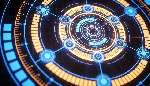 Futuristic HUD interface with glowing concentric rings, orange bars and blue linked nodes