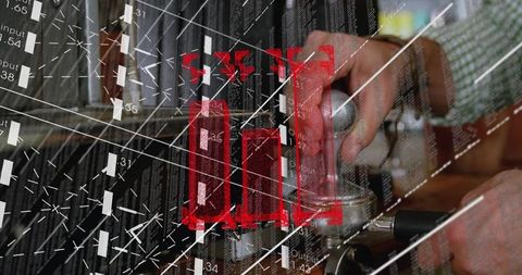 Barista pressing coffee grounds with data overlay technology theme