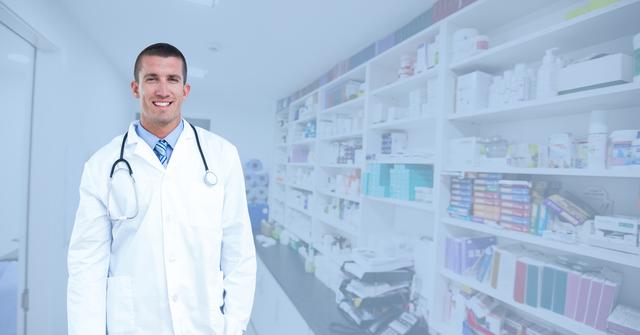 Doctor standing confidently in a modern pharmacy with shelves filled with various medications and medical supplies. Ideal for use in healthcare-related articles, medical websites, pharmaceutical advertisements, and educational materials about healthcare professions.