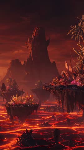 Vertical cinematic lava lake with floating isles and glowing alien flora around basalt spire