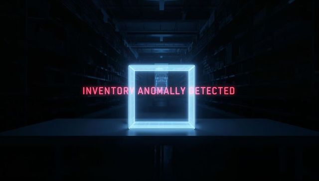 Futuristic Holographic Inventory Anomaly Warning with Cyan Wireframe Cube in Warehouse