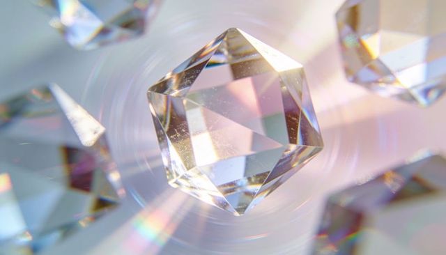 Spinning faceted crystal prism casting pastel rainbow caustics and circular bokeh rings