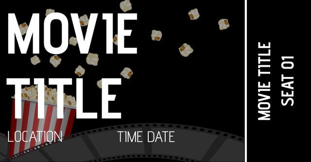 This classic popcorn-themed movie ticket template is ideal for movie premieres, cinema events, and film parties. Featuring a modern design with a black and white color scheme, popcorn graphics, and customizable sections for movie title, location, time, and date. Perfect for event organizers and cinema-themed parties.