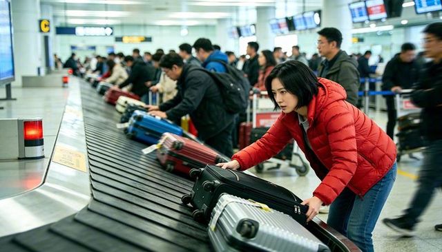 Woman grabbing suitcase at busy airport baggage claim leaning over conveyor belt