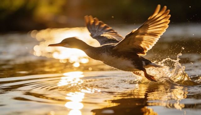 Backlit duck taking off over golden pond at sunset, wings extended and water splash