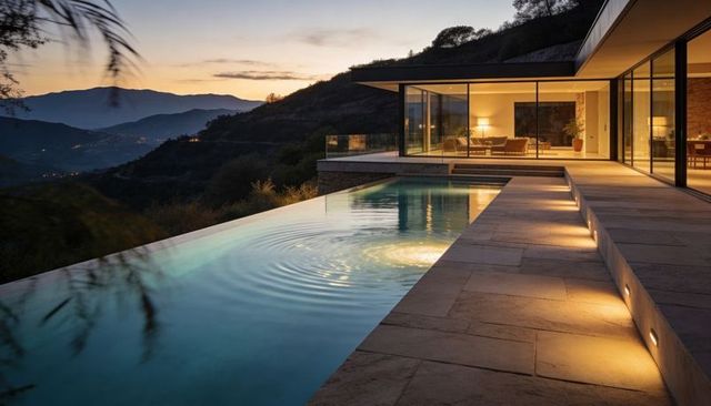Infinity pool reflecting sunset at hillside villa with glass walls and illuminated deck