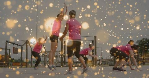 Women Exercising in Park with Sparkling Energy Aesthetic