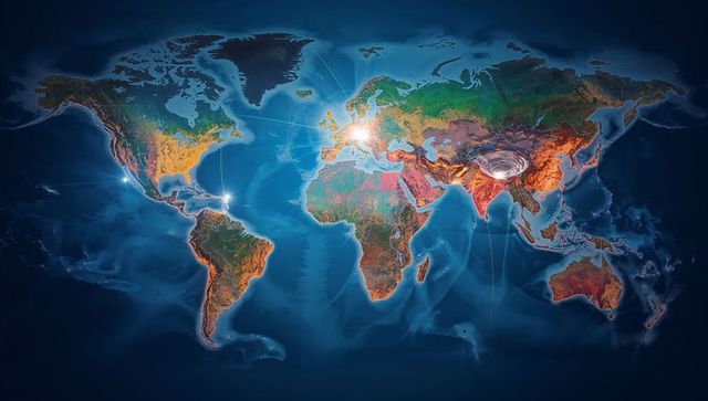 Global Digital Network Map Highlighting Data Hubs, Connectivity Arcs and Topographic Detail