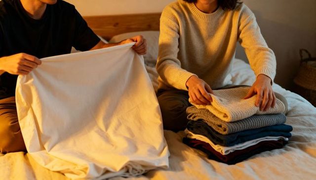 Couple folding laundry on bed during cozy evening routine