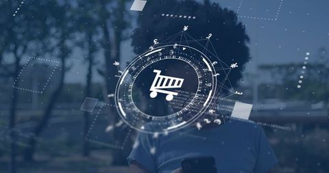 Augmented Reality Mobile Shopping HUD with Floating Cart Icon and Global Currency Symbols
