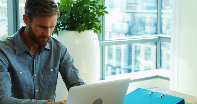 Businessman Working Intently on Laptop in Bright Office - Download Free Stock Images Pikwizard.com