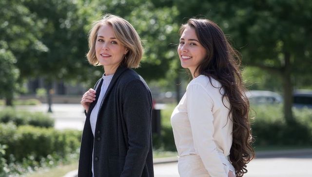 Two professional women walking and smiling on tree-lined urban pathway, casual workwear