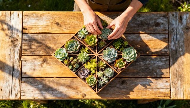 Hands arranging succulents in divided wooden planter on weathered outdoor table