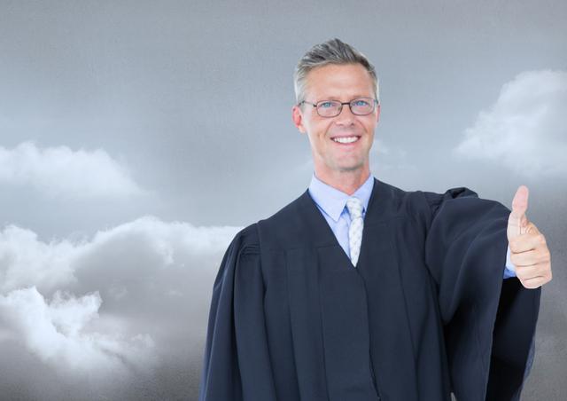 Digital composite of Judge in front of sky clouds