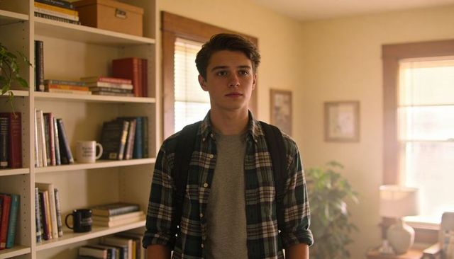 Thoughtful teen student standing in cozy home study carrying backpack and looking ahead