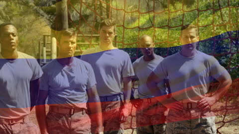 Colombian Flag Overlay on Diverse Military Training Group