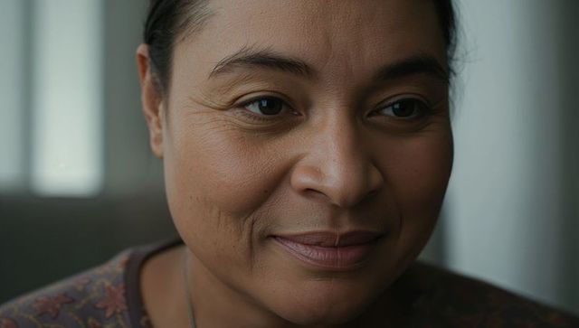 Smiling middle-aged woman showing calm expression near window closeup portrait