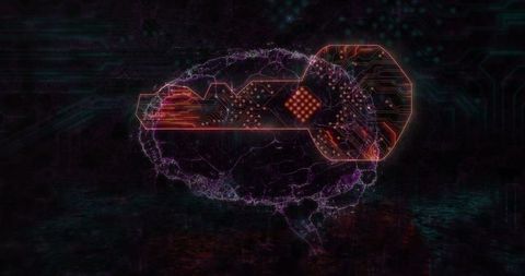 Futuristic neon brain with key circuit design on digital grid