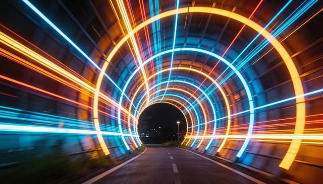 Speeding through neon tunnel with futuristic led light rings, motion blur night road