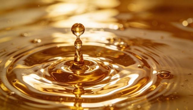 Golden droplet forming splash column with concentric ripples and glossy reflections, macro