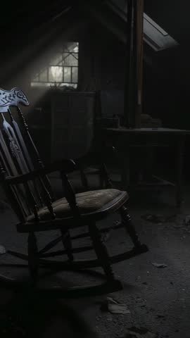 Vertical video capturing antique rocking chair in attic with drifting dust motes and soft light