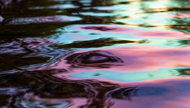Rippling water reflecting pink, teal and violet sky with tree silhouettes, shimmering