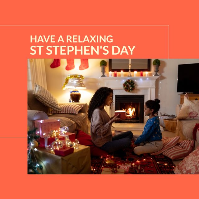 Relaxing St Stephen's Day by Cozy Fireplace with Mother and Daughter - Download Free Stock Templates Pikwizard.com