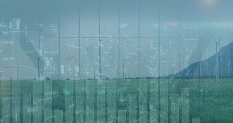 Renewable energy and finance: wind turbines overlaid with charts