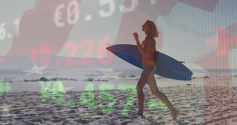 Surfing Woman on Beach Overlaid with Stock Market Data