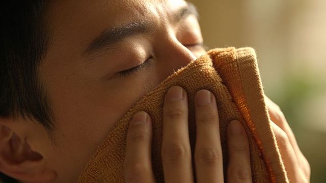 Adult asian man pressing towel to face, relaxing in warm bathroom light, closeup