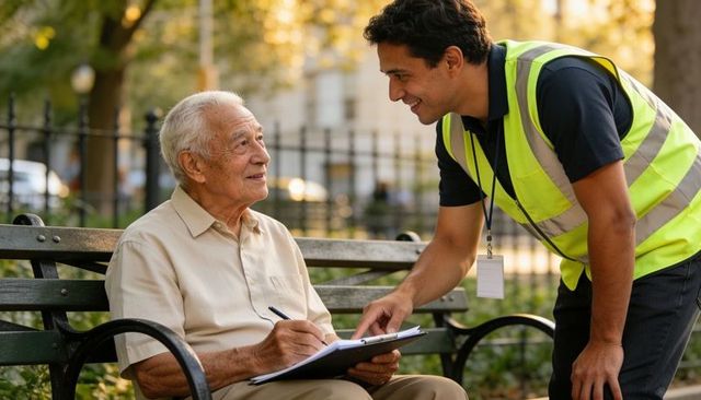 Community outreach worker assisting senior man with survey on park bench