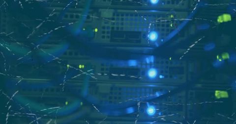 Glowing Blue LED Network Rack with Patch Panels and Ethernet Cables with Scratched Texture