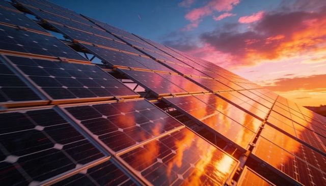 Sunset Glinting Solar Panels Visualizing Energy Flow Across Photovoltaic Array