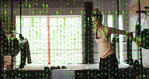 Woman stretching with digital binary overlay in urban gym by squat rack warming up