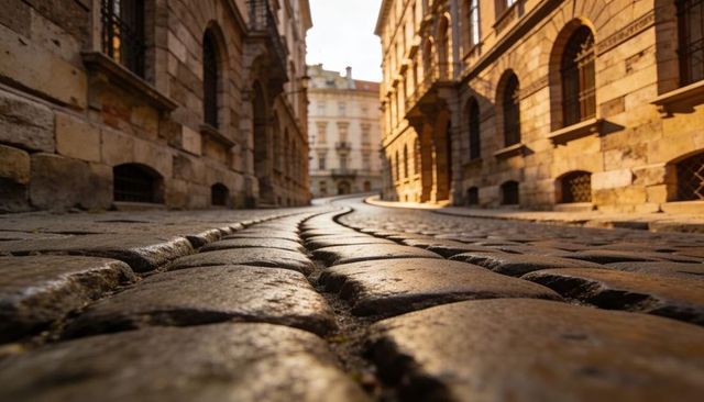 Winding cobblestone street glowing in golden light with wheel grooves and historic facades
