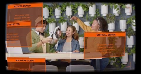 Young team presenting vr headset in biophilic workspace with cybersecurity error overlays