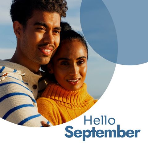 Hello september: couple embracing on sunny beach day