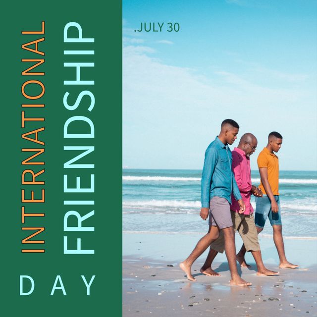 This image depicts an African American father and his sons walking together on a beach during a sunny day, celebrating International Friendship Day. This can be used for promoting family time, commemorating Friendship Day, or depicting the joy of togetherness and outdoor activity. Suitable for social media posts, holiday promotions, or campaign materials highlighting the significance of friendship and family bonds.