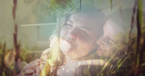 Joyful LGBTQ+ Couple Celebration with Nature Overlay