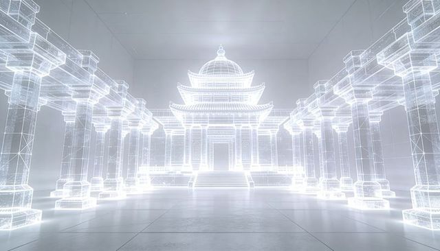 Luminous wireframe pagoda interior with symmetrical columns and holographic glow