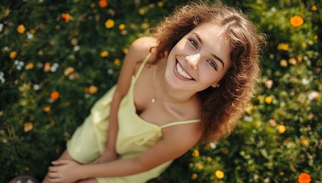 Smiling woman in yellow dress outdoors on flowered grass