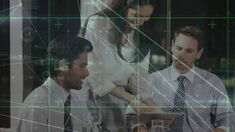 Business Team Collaborating With Futuristic Digital Interface Overlay