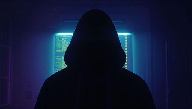 Hooded Figure Silhouette in Cybersecurity Environment with Code on Monitor