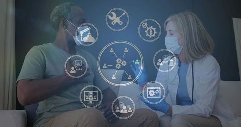 Clinician administering vaccine to senior patient during telehealth visit with digital icons